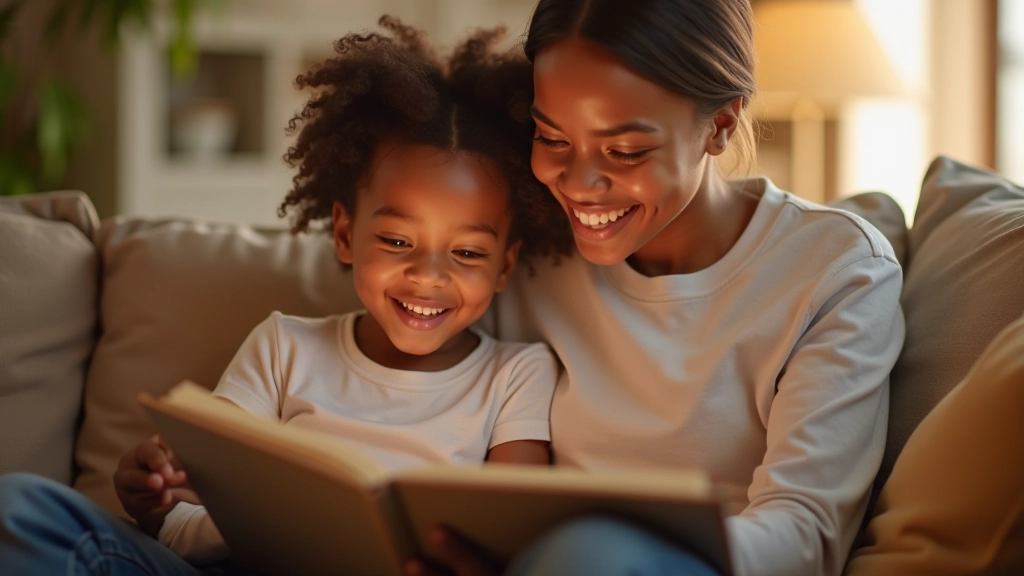 Adult reading picture book with young child sitting close together, engaged and smiling, warm family reading moment