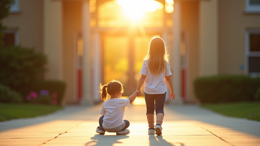 Adult and young child walking together outdoors on a sunny day