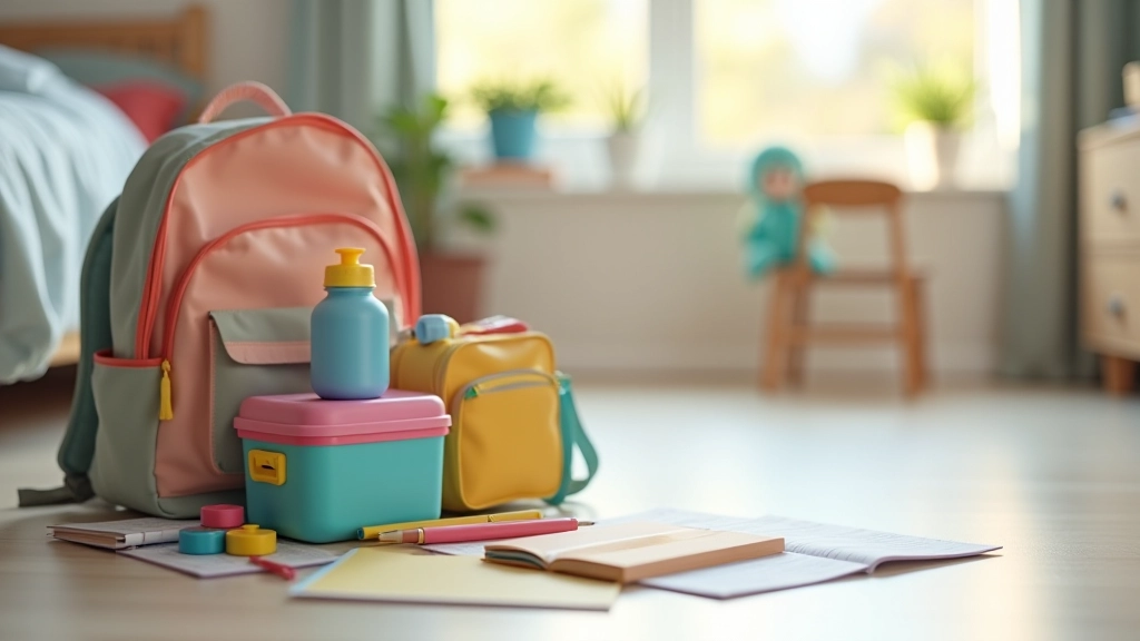 Child's backpack with lunch box, water bottle, and school supplies neatly organized on bedroom floor