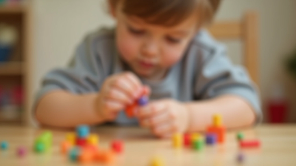 Close-up of child's hands manipulating small objects, threading beads, stacking items showing fine motor skill development