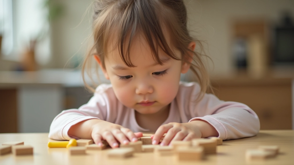 Child concentrating on puzzle pieces, problem-solving through hands-on activity, focused exploration