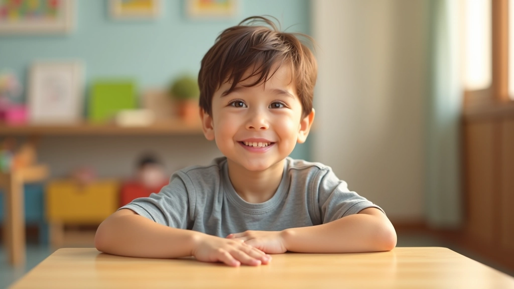 Young child in colorful classroom environment with learning materials, sitting at small table during class activity