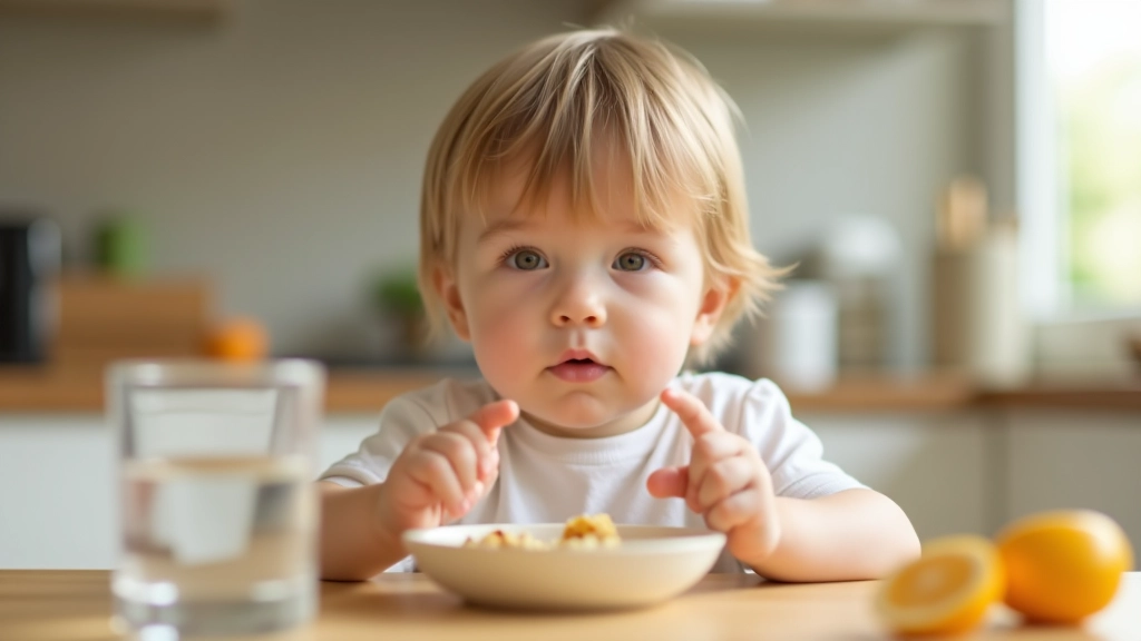 Young child eating healthy snack at home kitchen table, focused on food with water bottle nearby