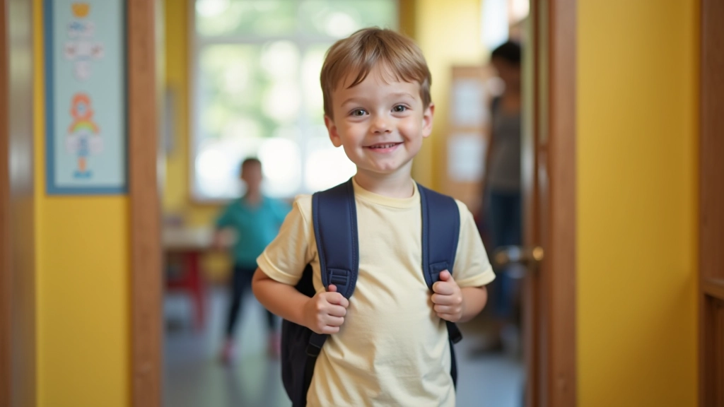 Child standing confidently at classroom doorway, backpack on shoulders, teacher greeting them with warm smile