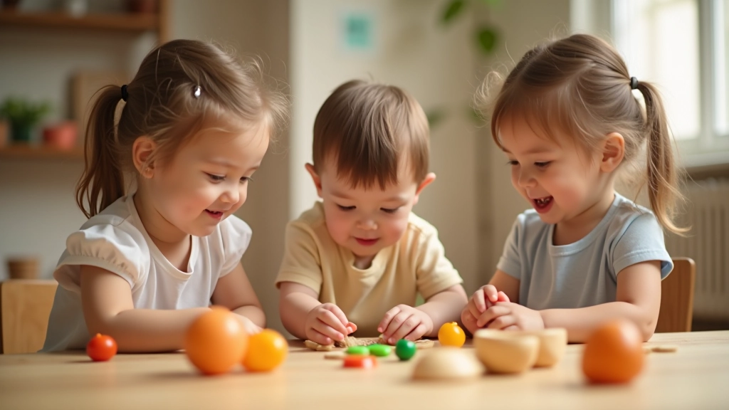 Group of young children playing together with natural materials and open-ended toys indoors, collaborative play scene