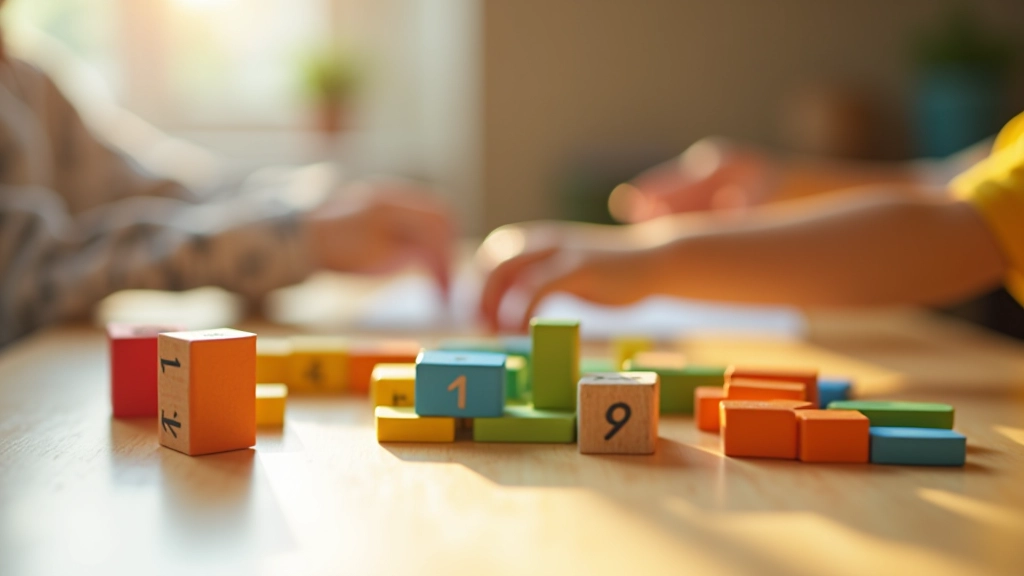 Young child's hands arranging colorful blocks and building shapes on a table