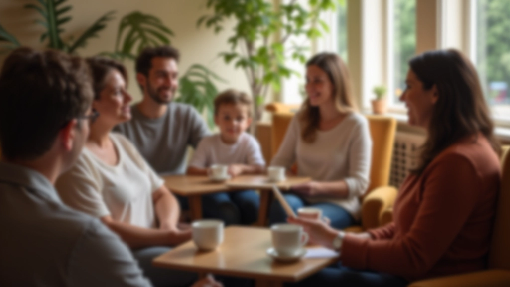Warm, welcoming workshop room with parents relaxed in chairs, coffee cups visible, conversation happening naturally