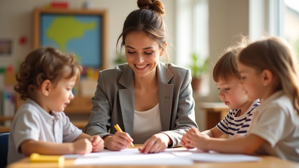 Teacher working with small group of kindergarten children at a table with learning materials
