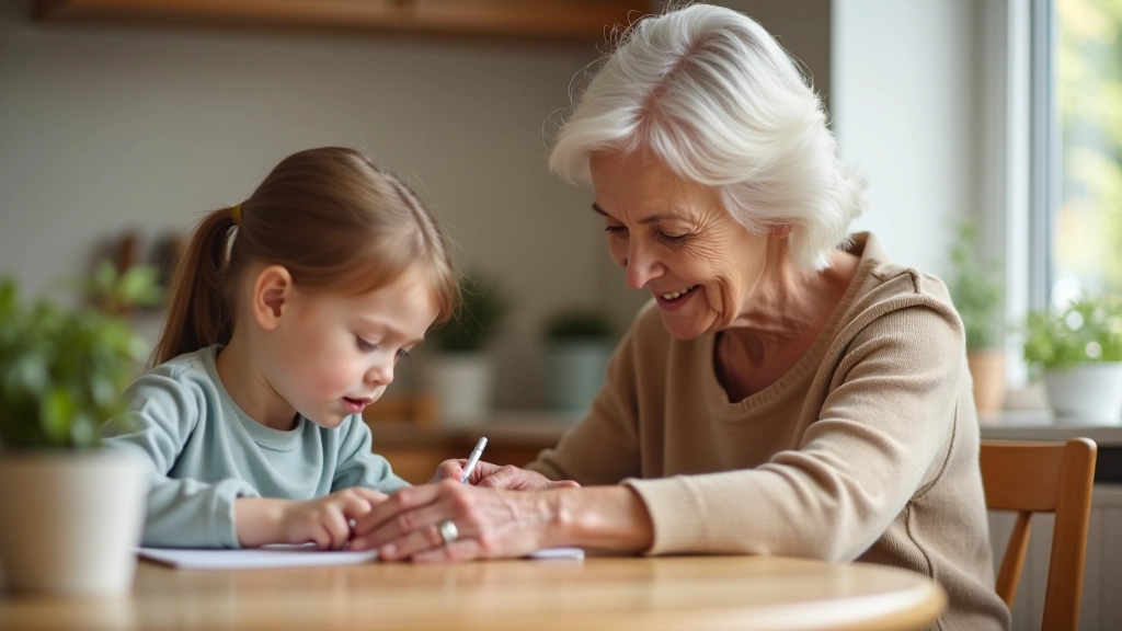 Grandmother and young child playing together at kitchen table with craft supplies and building blocks