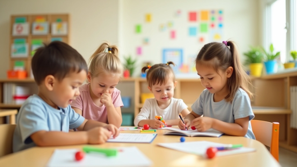 Children engaged in interactive learning activities in a bright classroom setting