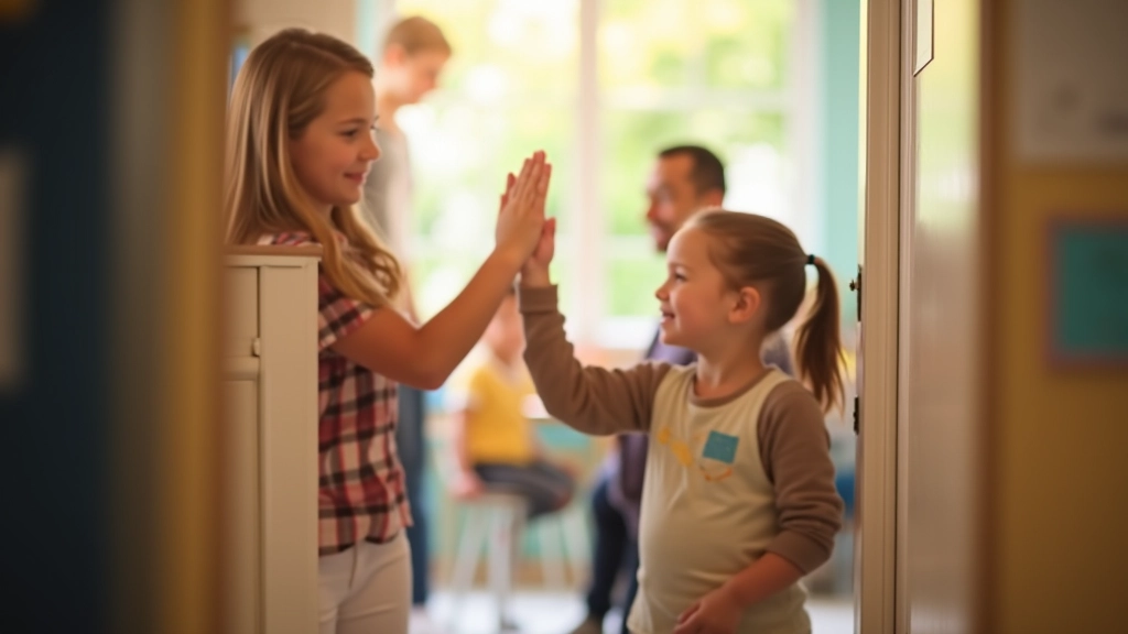 Parent giving young child a high-five at classroom doorway, teacher smiling in background