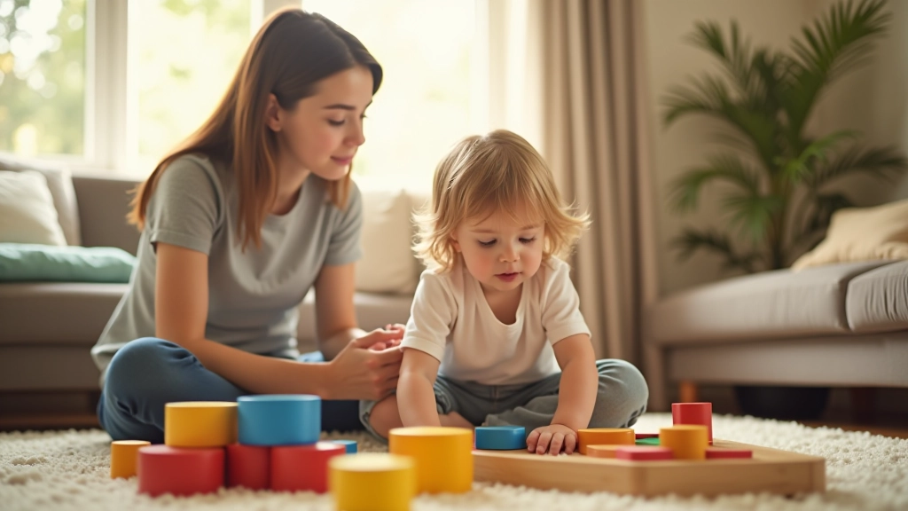 Parent and young child sitting on living room floor playing with colorful building blocks, natural daylight from window, warm family moment