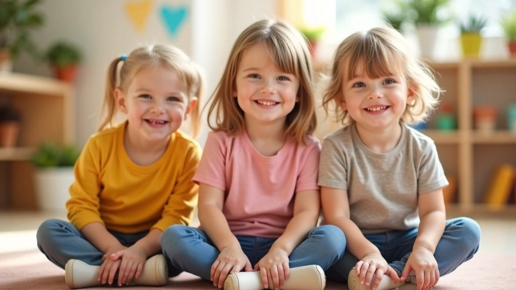 Three children of different ages sitting together, each engaged in age-appropriate activities