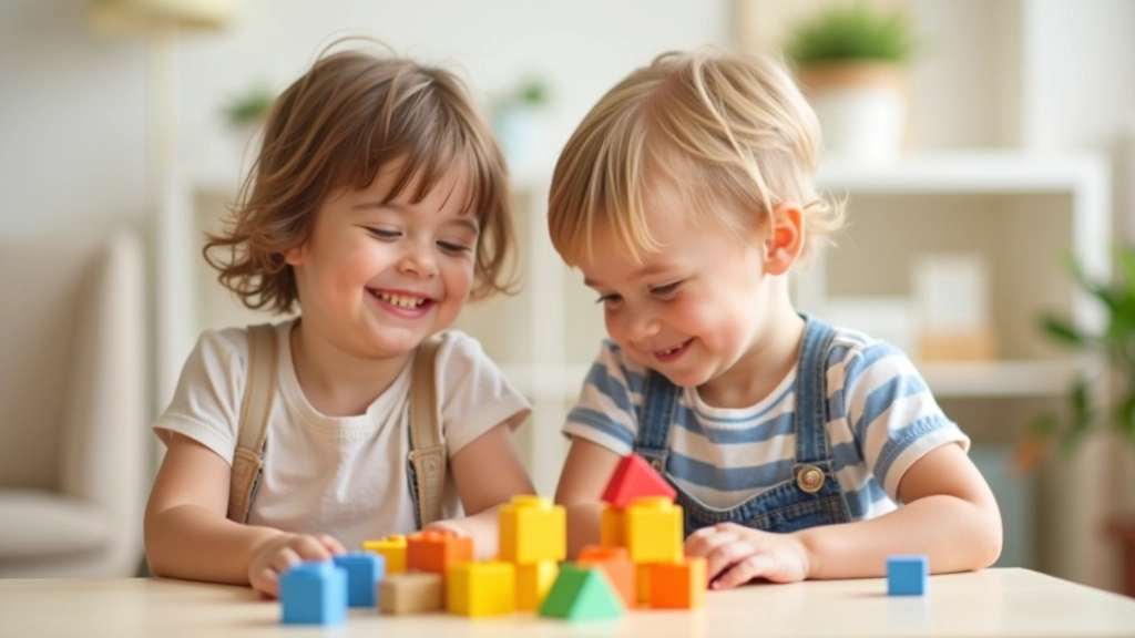 Two young children playing together with blocks, both focused and engaged