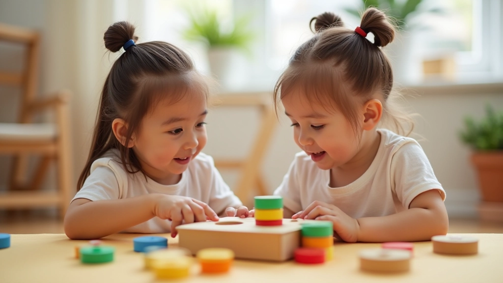 Two young children playing together cooperatively with toys, sharing and interacting positively, natural play interaction
