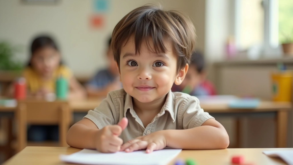 Young child sitting at desk with classroom materials, preparing for kindergarten, focused and confident